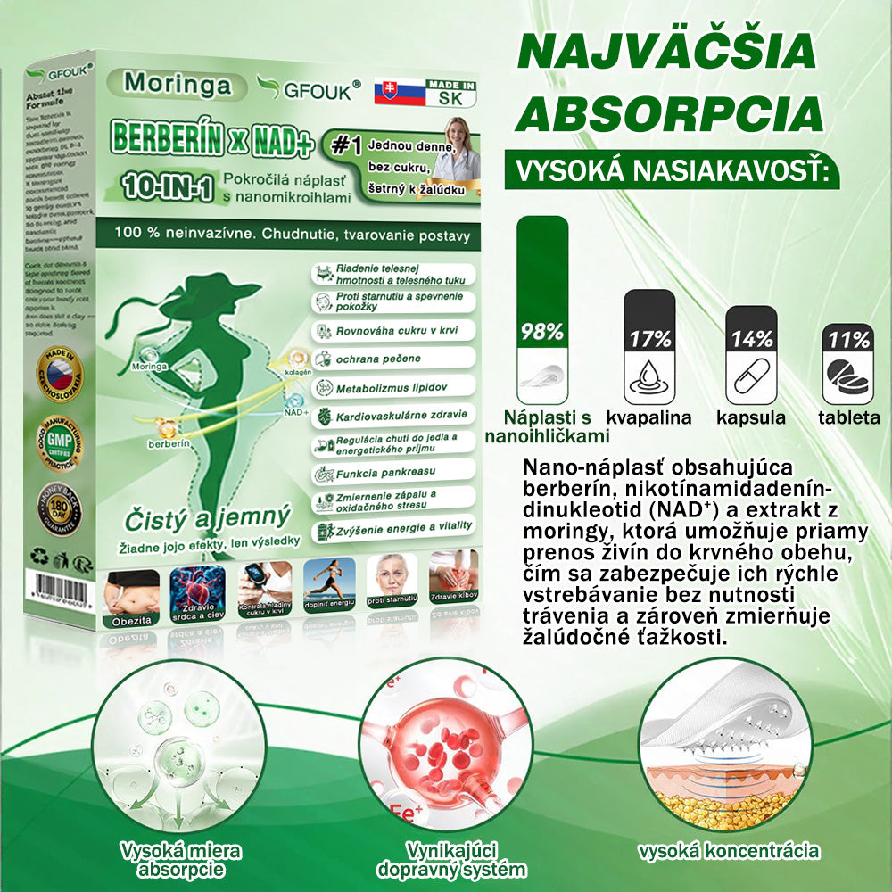 🥕 🌿V súlade s platnými predpismi v Slovenskej republike a Európskej únii 🙌 | 🌿 GFOUK® Moringa · Berberín × NAD+ Pokročilá nano mikroihličková náplasť 10 v 1 | 🧪 Podložené vedou | Zloženie 10 v 1 | 🥕 Viditeľné výsledky už za 7 dní
